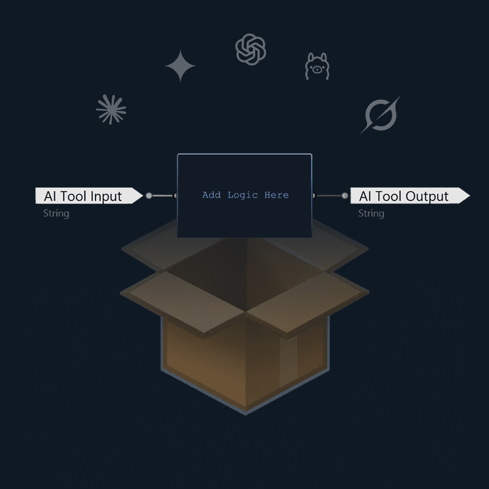 A Grasshopper definition wrapped as an MCP tool — a component emerging from a box with AI tool input and output ports, ringed by LLM provider icons